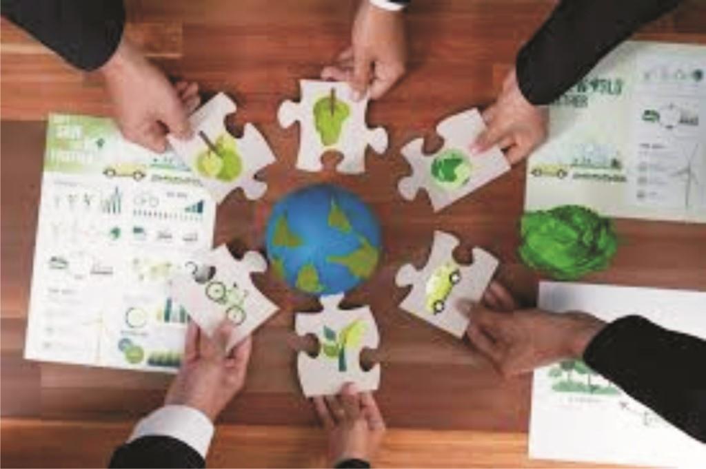 Business team collaborating on sustainable innovation and partnerships